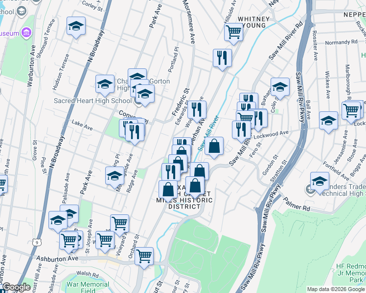 map of restaurants, bars, coffee shops, grocery stores, and more near 124 Woodland Avenue in Yonkers