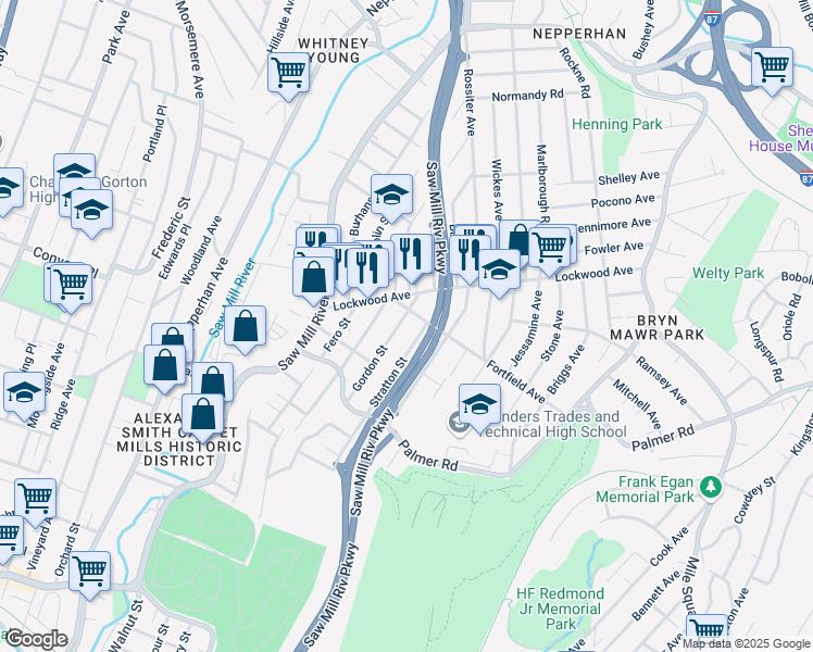 map of restaurants, bars, coffee shops, grocery stores, and more near 86 Gordon Street in Yonkers