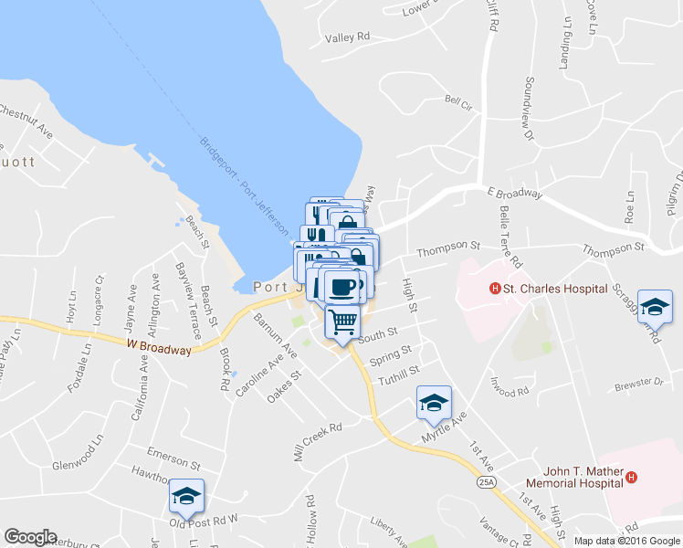 map of restaurants, bars, coffee shops, grocery stores, and more near 100 Mariners Way in Port Jefferson