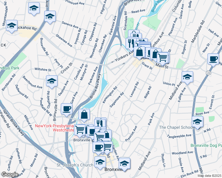 map of restaurants, bars, coffee shops, grocery stores, and more near 75 Kensington Road in Bronxville