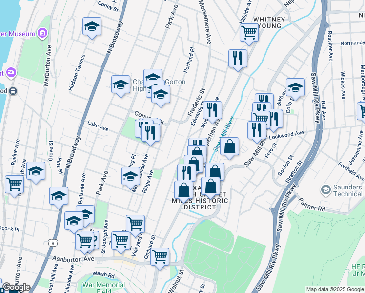 map of restaurants, bars, coffee shops, grocery stores, and more near 221 Edwards Place in Yonkers