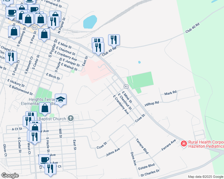 map of restaurants, bars, coffee shops, grocery stores, and more near 1022 East Chestnut Street in Hazleton