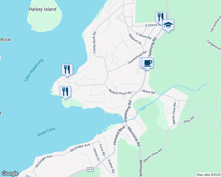 map of restaurants, bars, coffee shops, grocery stores, and more near 41 Nolans Point Road in Jefferson