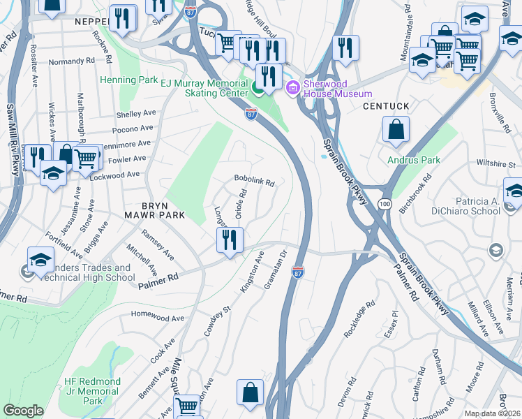 map of restaurants, bars, coffee shops, grocery stores, and more near 12 Cherwing Road in Yonkers