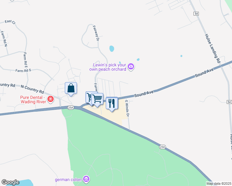 map of restaurants, bars, coffee shops, grocery stores, and more near 658 Sound Avenue in Riverhead