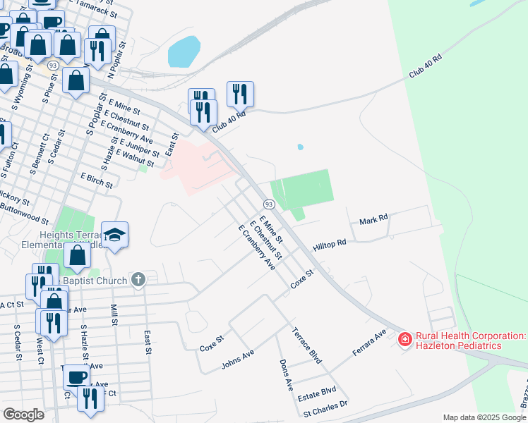 map of restaurants, bars, coffee shops, grocery stores, and more near 1124 E Broad St in Hazleton