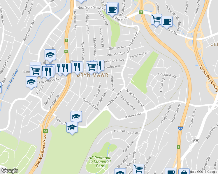 map of restaurants, bars, coffee shops, grocery stores, and more near 154 Briggs Avenue in Yonkers
