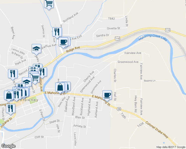 map of restaurants, bars, coffee shops, grocery stores, and more near 405 Greenwood Avenue in Punxsutawney