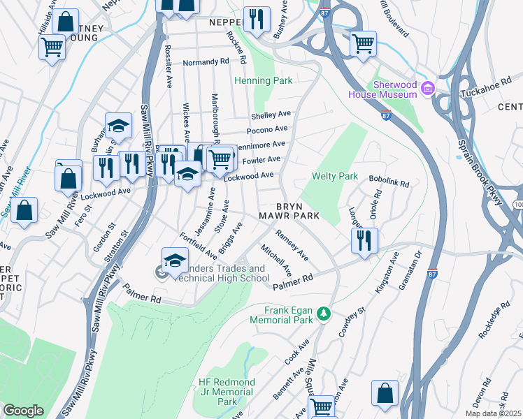 map of restaurants, bars, coffee shops, grocery stores, and more near 40 Montgomery Avenue in Yonkers