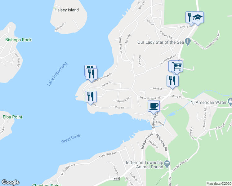 map of restaurants, bars, coffee shops, grocery stores, and more near 5 Mountain Shores Road in Jefferson