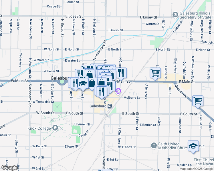 map of restaurants, bars, coffee shops, grocery stores, and more near 41 South Seminary Street in Galesburg