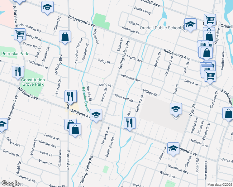 map of restaurants, bars, coffee shops, grocery stores, and more near 824 River Dell Road in Oradell
