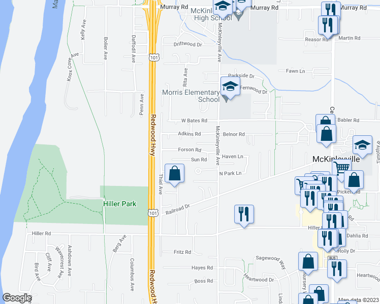 map of restaurants, bars, coffee shops, grocery stores, and more near 1100 Forson Road in McKinleyville