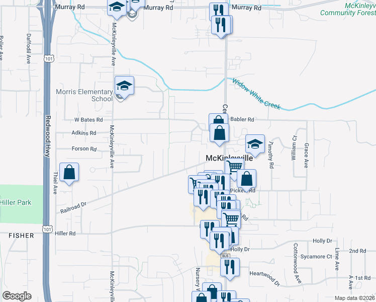 map of restaurants, bars, coffee shops, grocery stores, and more near 2299 Terrace Lane in McKinleyville