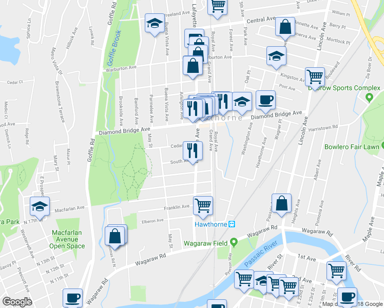 map of restaurants, bars, coffee shops, grocery stores, and more near 260 Lafayette Avenue in Hawthorne