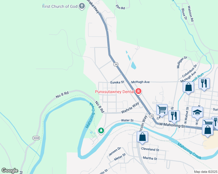 map of restaurants, bars, coffee shops, grocery stores, and more near 311 Pennsylvania Avenue in Punxsutawney