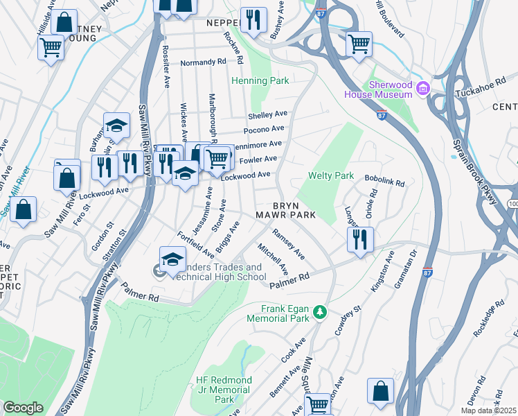 map of restaurants, bars, coffee shops, grocery stores, and more near 40 Montgomery Avenue in Yonkers