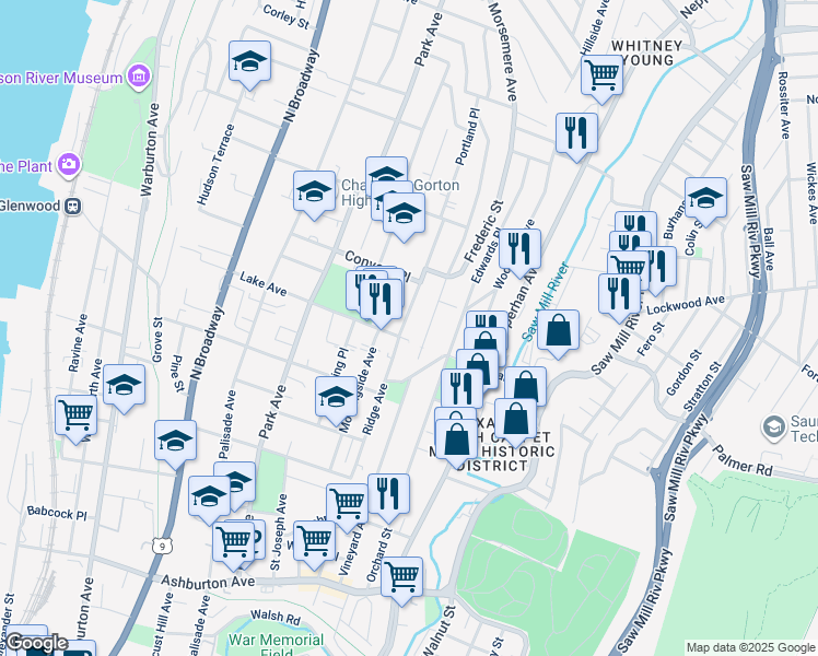 map of restaurants, bars, coffee shops, grocery stores, and more near in Yonkers