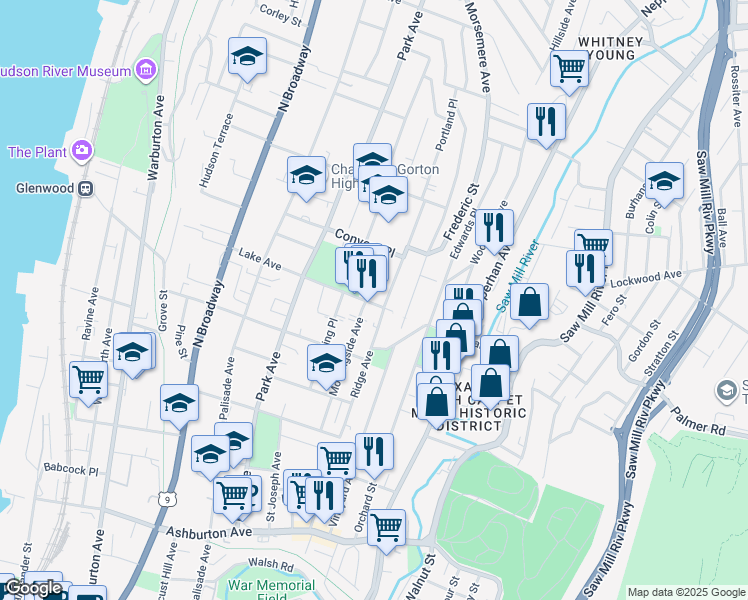 map of restaurants, bars, coffee shops, grocery stores, and more near 124 Lake Avenue in Yonkers