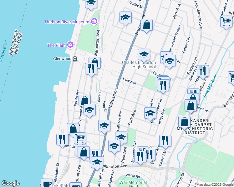 map of restaurants, bars, coffee shops, grocery stores, and more near in Yonkers