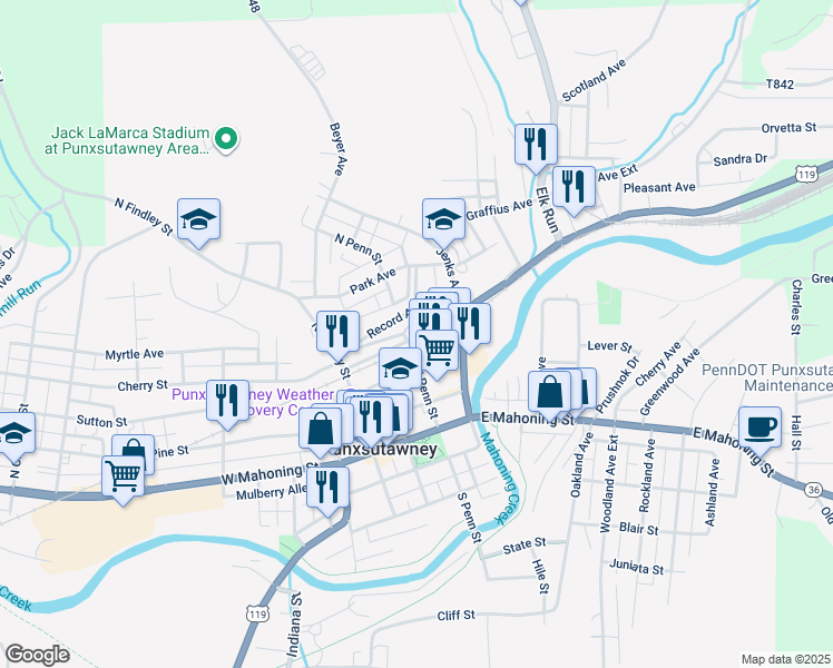 map of restaurants, bars, coffee shops, grocery stores, and more near 141-199 Clark Street in Punxsutawney