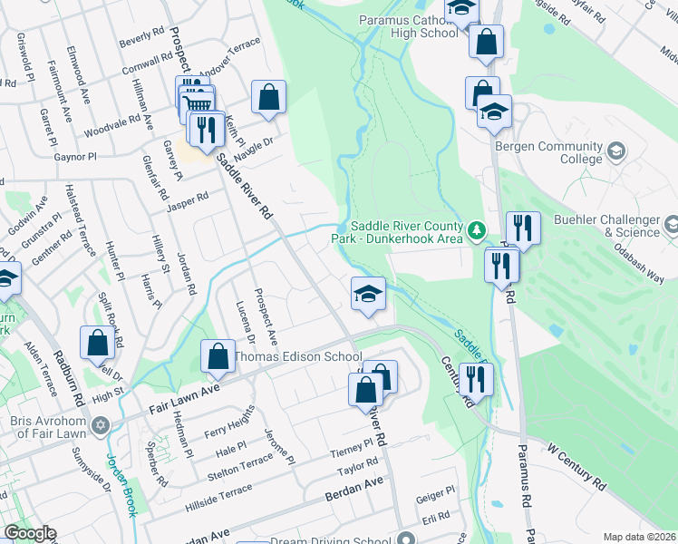 map of restaurants, bars, coffee shops, grocery stores, and more near 15-27 Landzettel Way in Fair Lawn