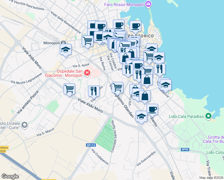 map of restaurants, bars, coffee shops, grocery stores, and more near 15 Via Guglielmo Oberdan in Monopoli
