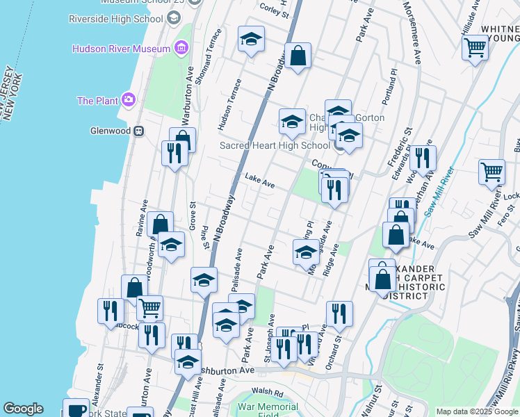 map of restaurants, bars, coffee shops, grocery stores, and more near 396 Palisade Avenue in Yonkers