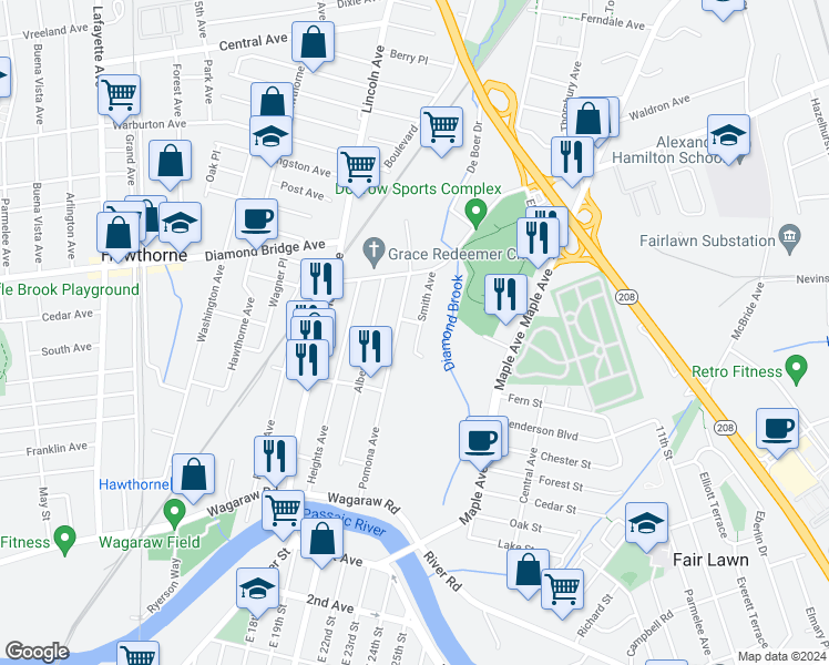 map of restaurants, bars, coffee shops, grocery stores, and more near 22 Smith Avenue in Fair Lawn