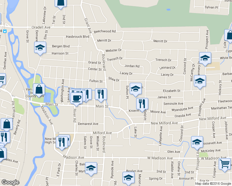 map of restaurants, bars, coffee shops, grocery stores, and more near 322 Harris Place in New Milford