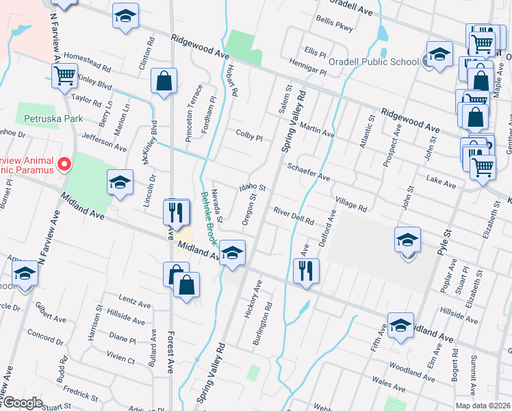 map of restaurants, bars, coffee shops, grocery stores, and more near 466 Oregon Street in Paramus