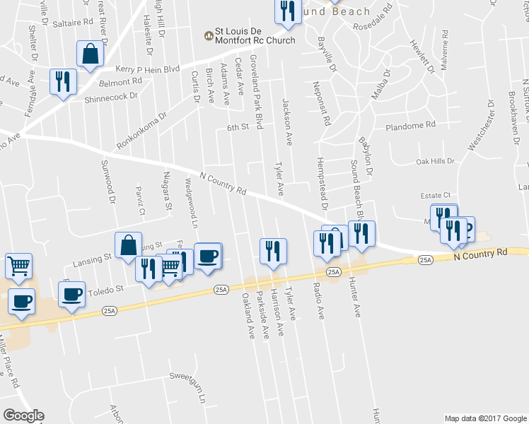 map of restaurants, bars, coffee shops, grocery stores, and more near 105 Harrison Avenue in Miller Place