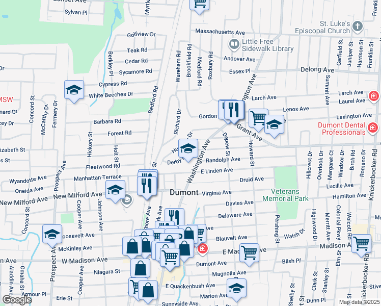map of restaurants, bars, coffee shops, grocery stores, and more near 13 Lohmann Place in Dumont