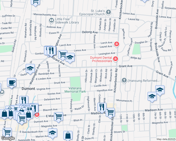 map of restaurants, bars, coffee shops, grocery stores, and more near 101 Hillcrest Drive in Dumont