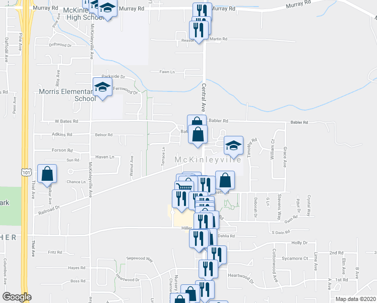 map of restaurants, bars, coffee shops, grocery stores, and more near 1549 Railroad Drive in McKinleyville