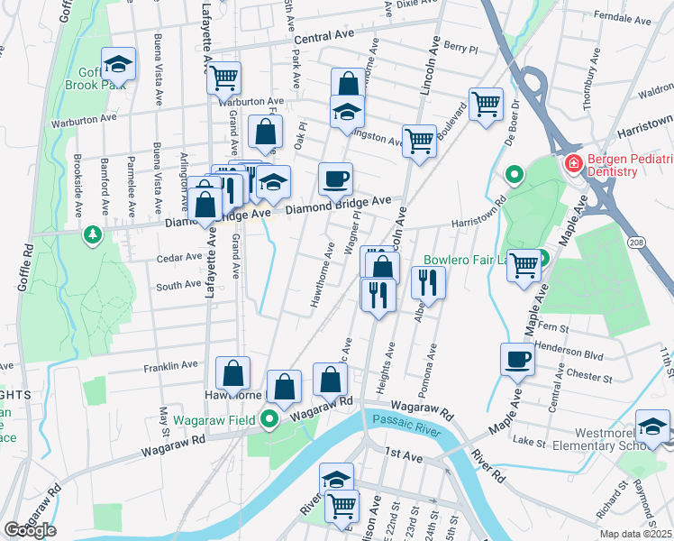 map of restaurants, bars, coffee shops, grocery stores, and more near 50 Wagner Place in Hawthorne