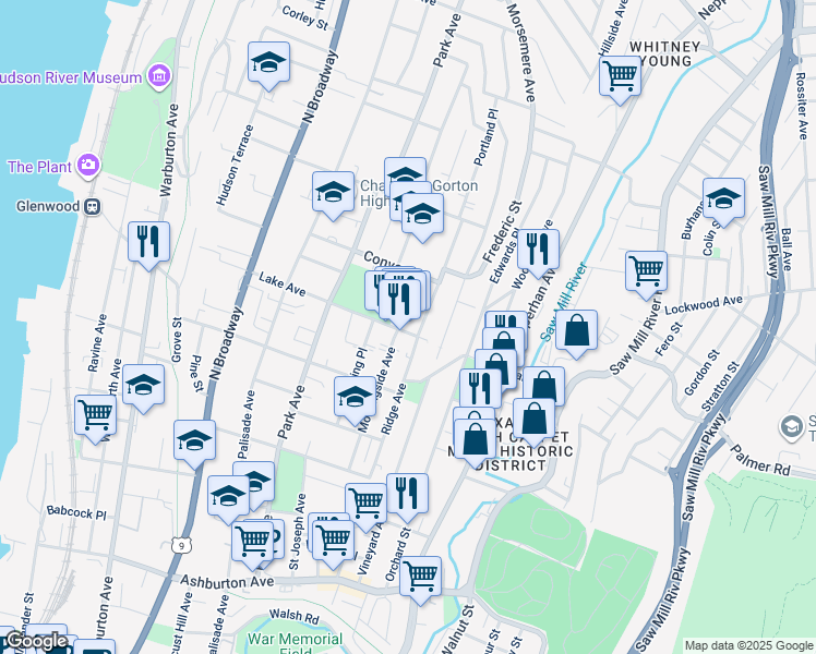 map of restaurants, bars, coffee shops, grocery stores, and more near 124 Lake Avenue in Yonkers
