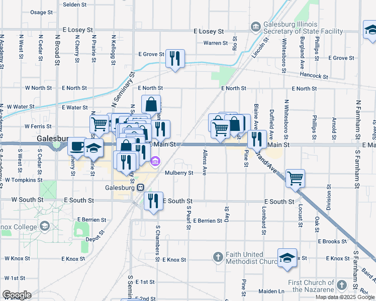 map of restaurants, bars, coffee shops, grocery stores, and more near 642 East Main Street in Galesburg
