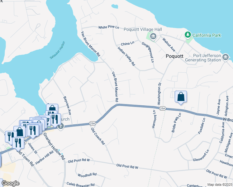 map of restaurants, bars, coffee shops, grocery stores, and more near Van Brunt Manor Road & Wels Lane in Setauket- East Setauket