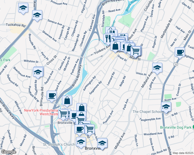 map of restaurants, bars, coffee shops, grocery stores, and more near 3 Avon Road in Bronxville