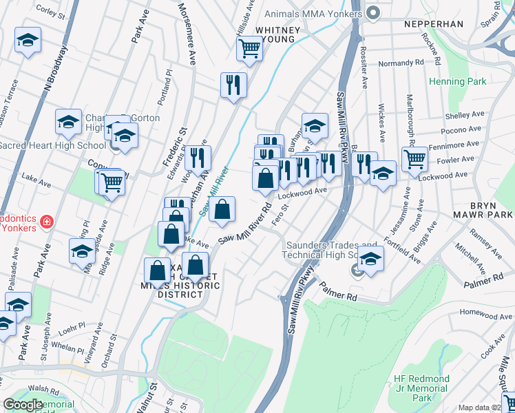 map of restaurants, bars, coffee shops, grocery stores, and more near 2-8 Roosevelt Street in Yonkers