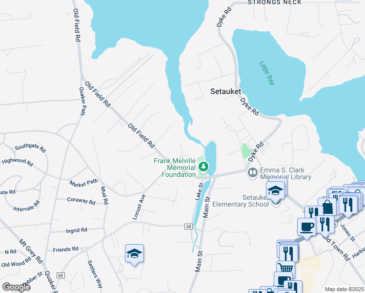 map of restaurants, bars, coffee shops, grocery stores, and more near 13 Old Field Road in Setauket- East Setauket