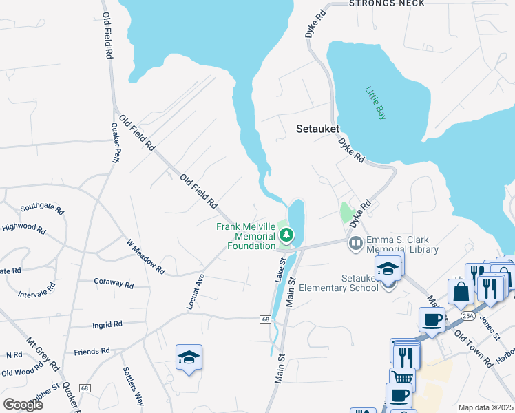 map of restaurants, bars, coffee shops, grocery stores, and more near 15 Old Field Road in Setauket- East Setauket
