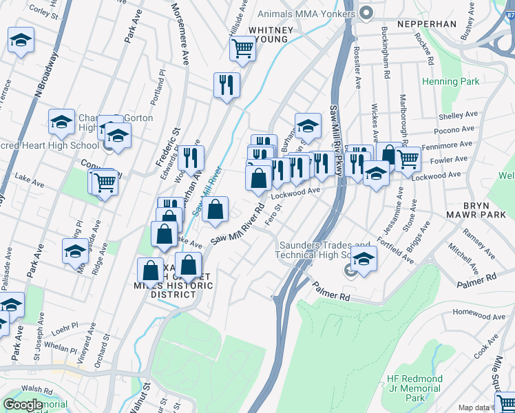 map of restaurants, bars, coffee shops, grocery stores, and more near 302 Saw Mill River Road in Yonkers