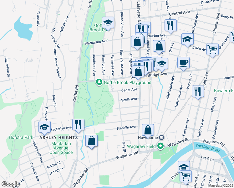 map of restaurants, bars, coffee shops, grocery stores, and more near 186 May Street in Hawthorne