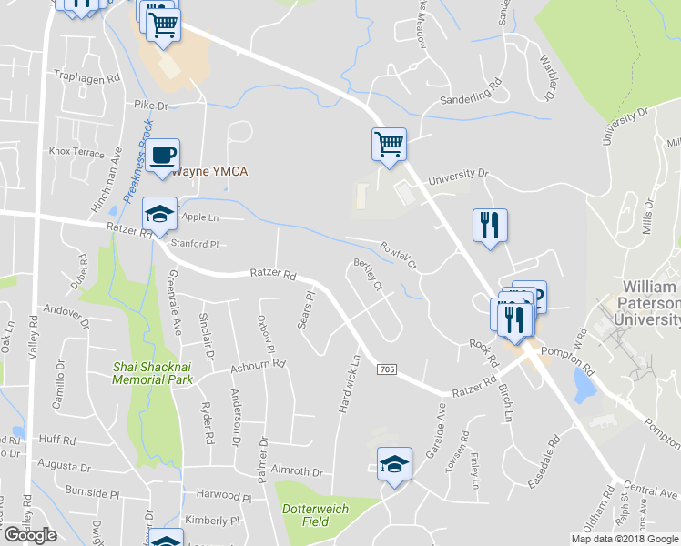 map of restaurants, bars, coffee shops, grocery stores, and more near 84 Berkley Court in Wayne