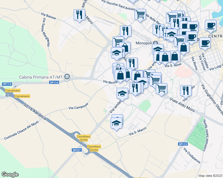 map of restaurants, bars, coffee shops, grocery stores, and more near 17 Via Francesco Antonio Glianes in Monopoli