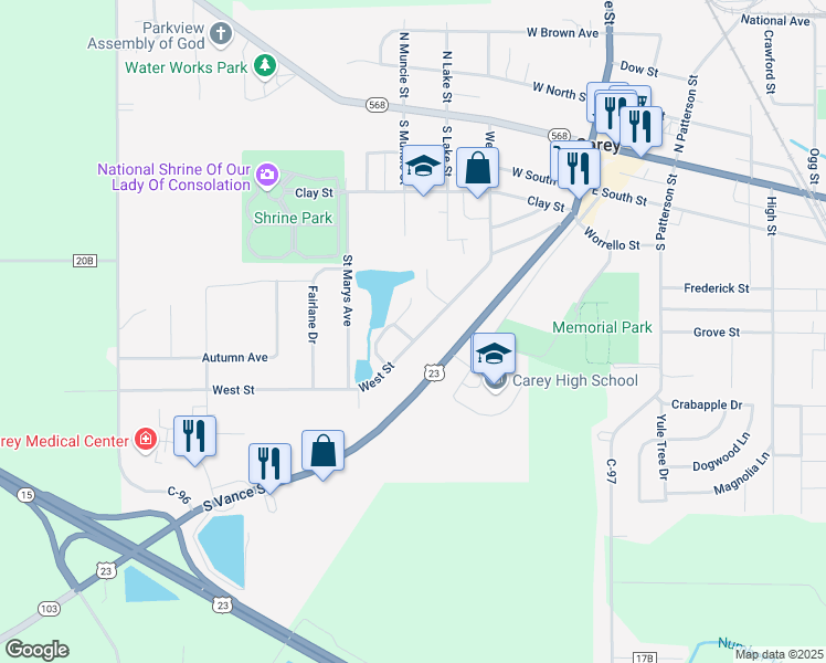map of restaurants, bars, coffee shops, grocery stores, and more near 590 West Street in Carey