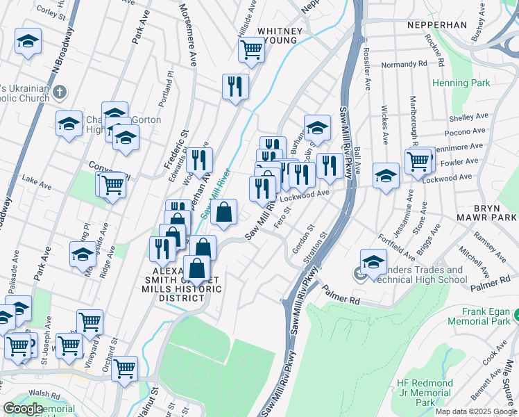 map of restaurants, bars, coffee shops, grocery stores, and more near 2-8 Roosevelt Street in Yonkers