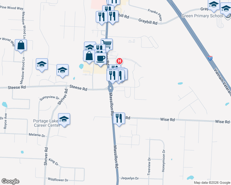 map of restaurants, bars, coffee shops, grocery stores, and more near 4209 Massillon Road in North Canton
